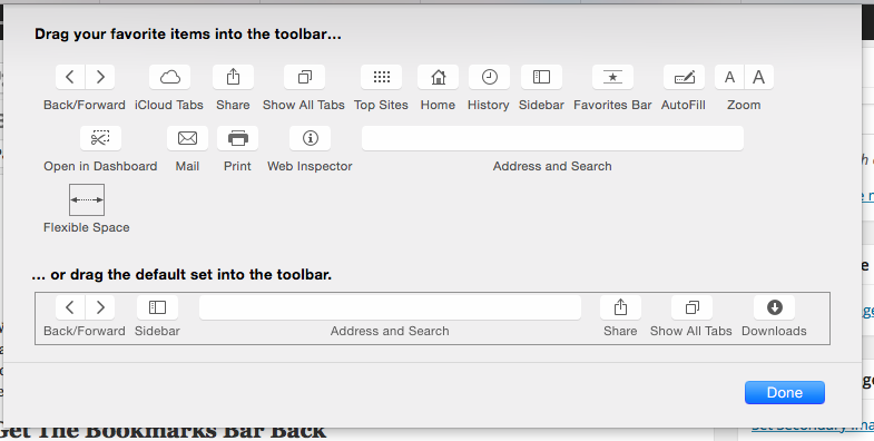 Safari's toolbar customization options.