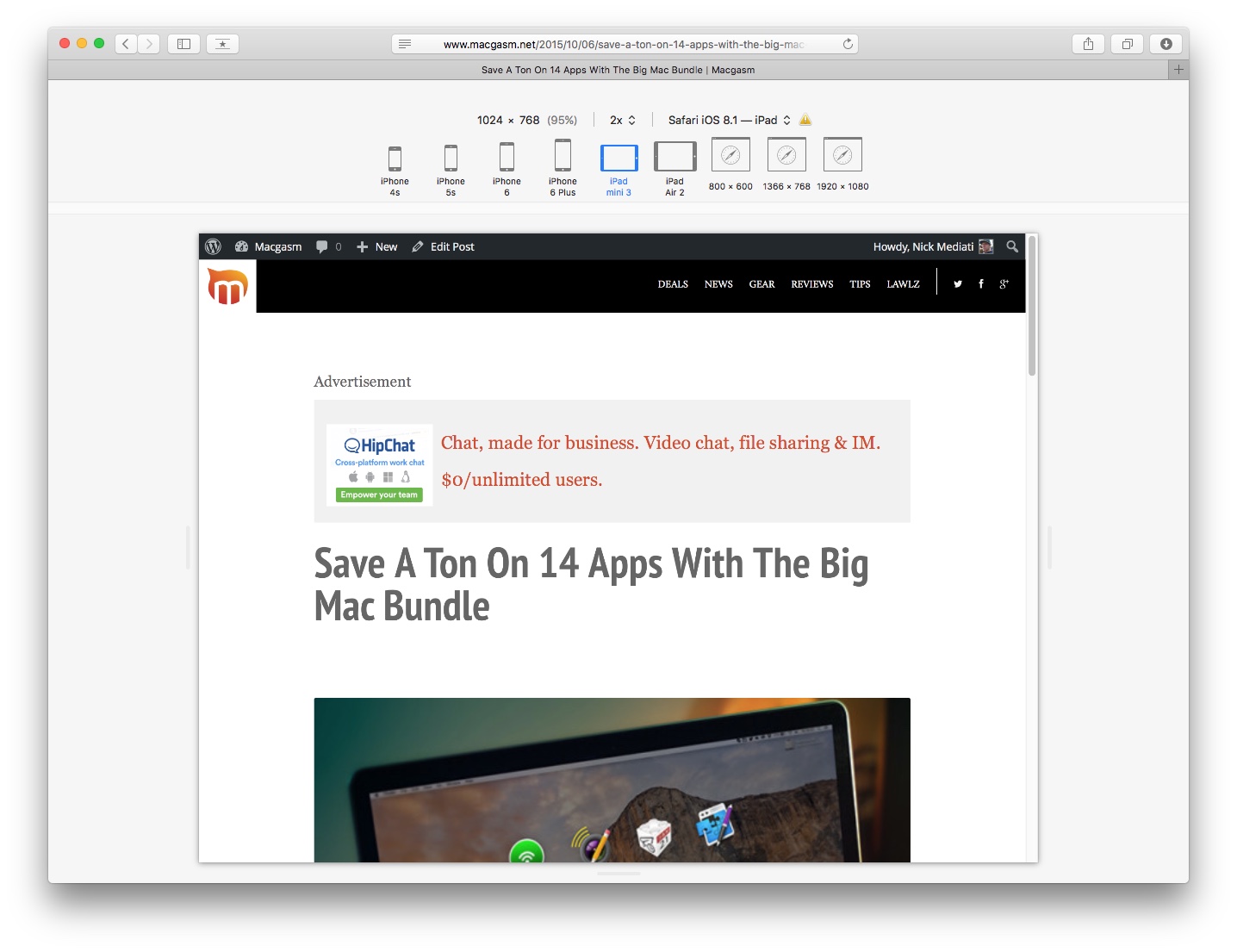 A Macgasm article page, as viewed in responsive design mode.