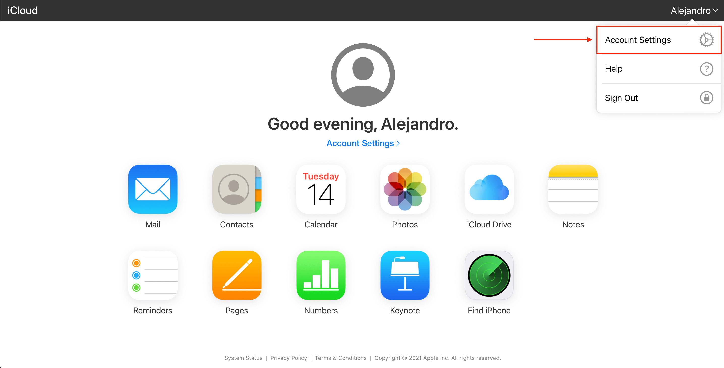 iCloud website showing a user logged into his main iCloud page, with a pointer towards account settings