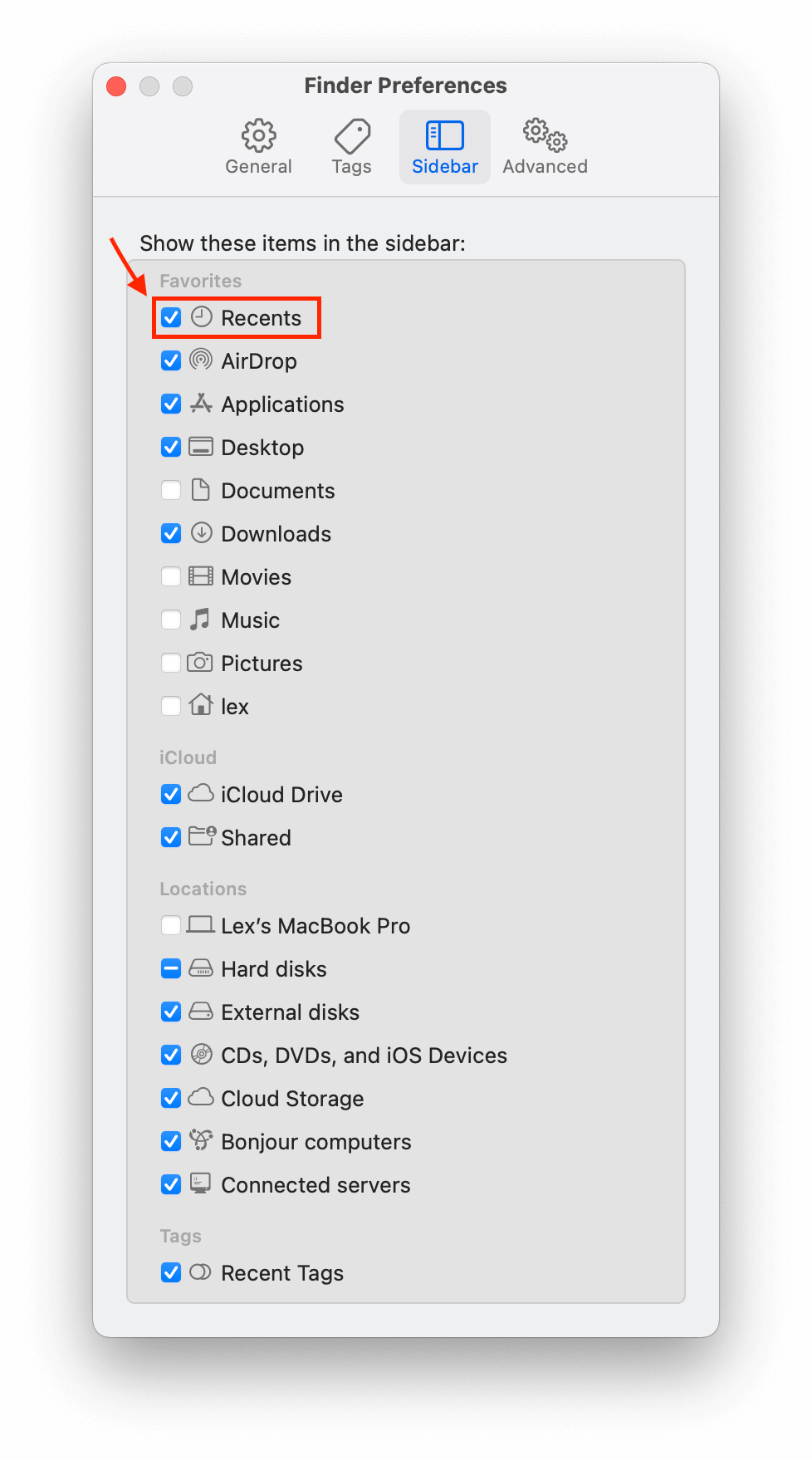 finder preferences window with a pointer towards the recents checkbox