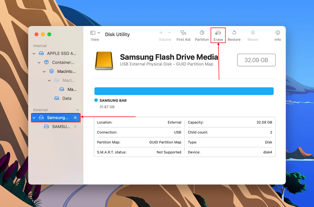 Erase button in Disk Utility window