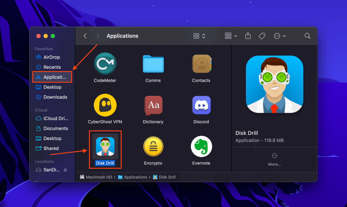 Disk Drill app in the Applications folder on Mac