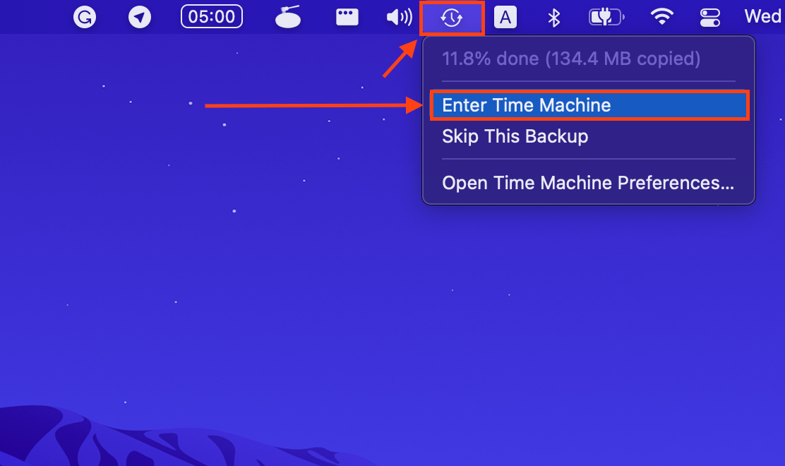 Time Machine button on the menu bar