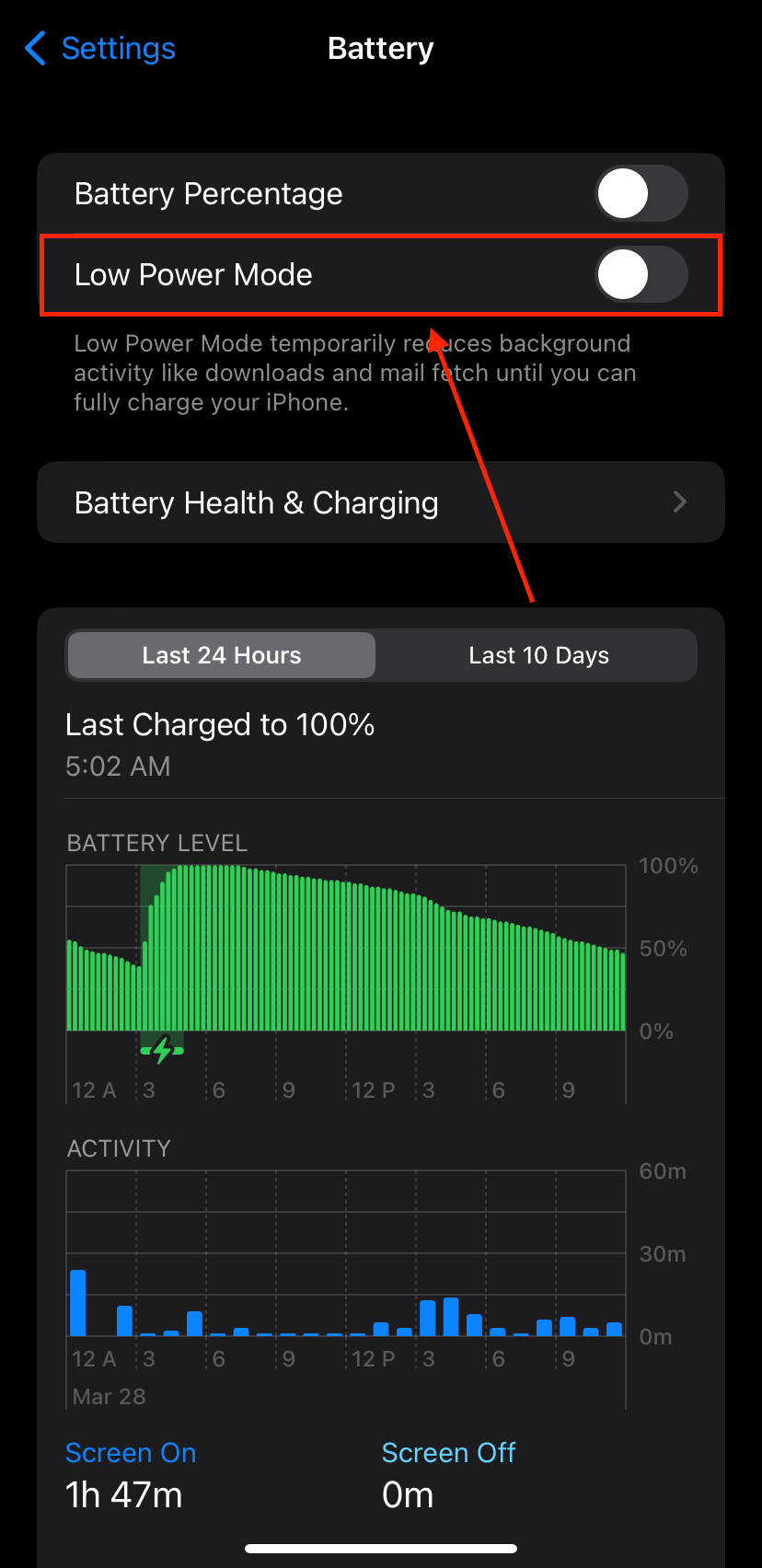 Low Power Mode in iPhone battery settings