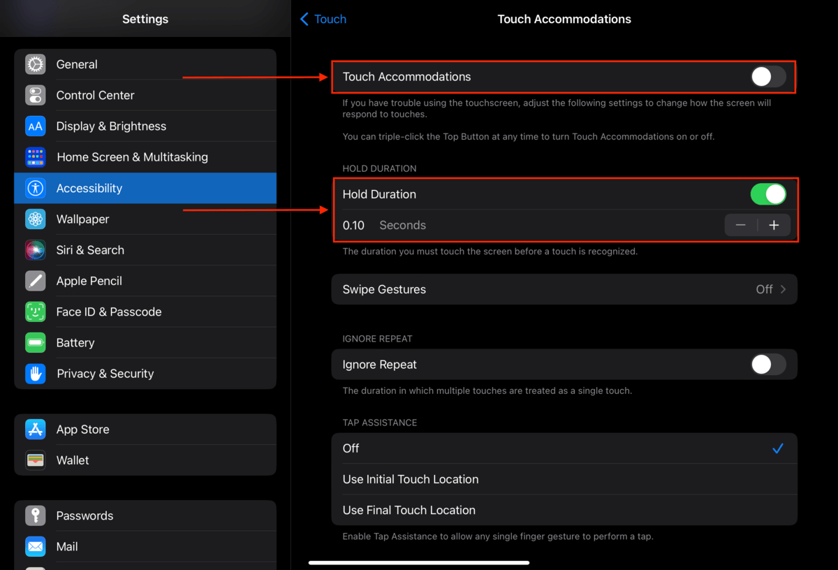 iPad Hold Duration settings