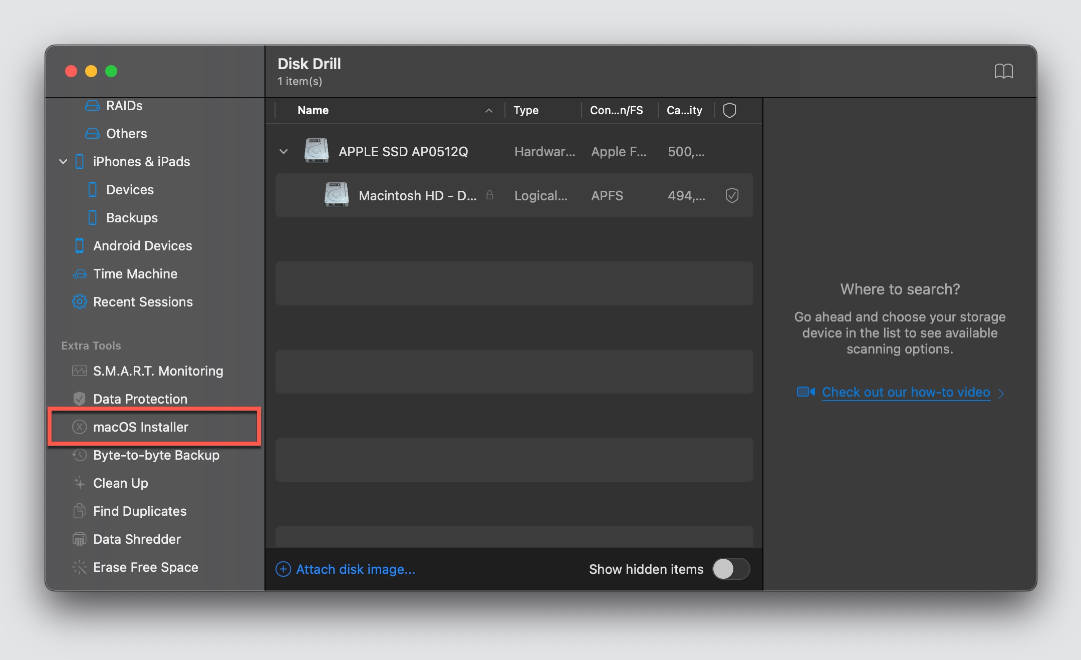 macos installer disk drill option highlighted