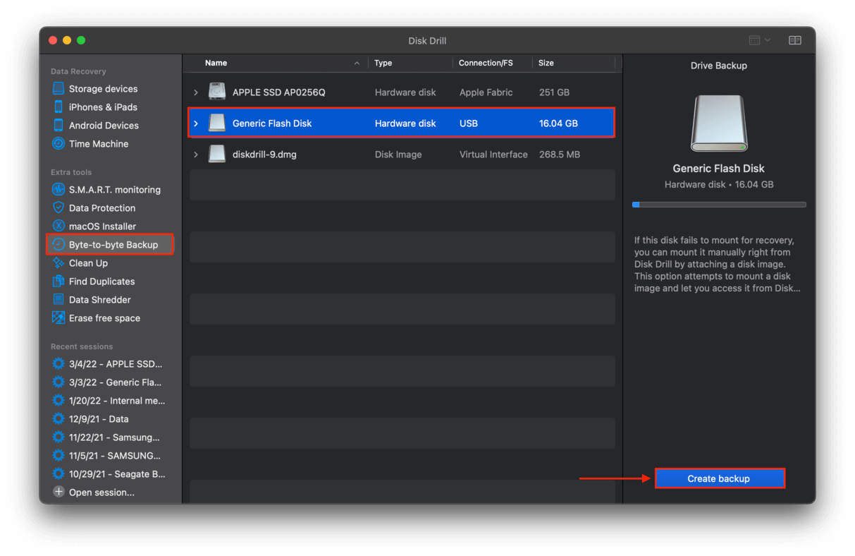 Disk Drill select drive for byte-to-byte backup