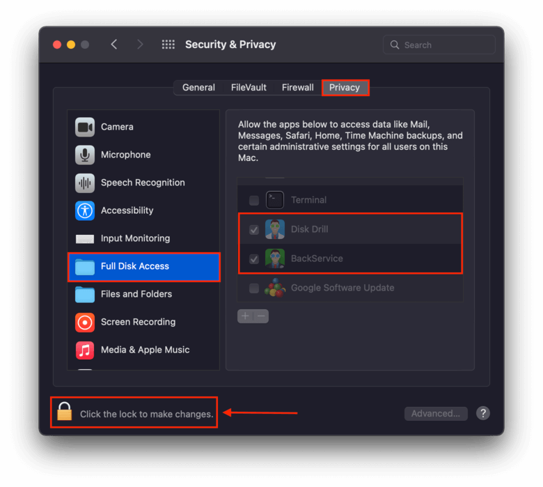 Drag Disk Drill icons to full disk access menu
