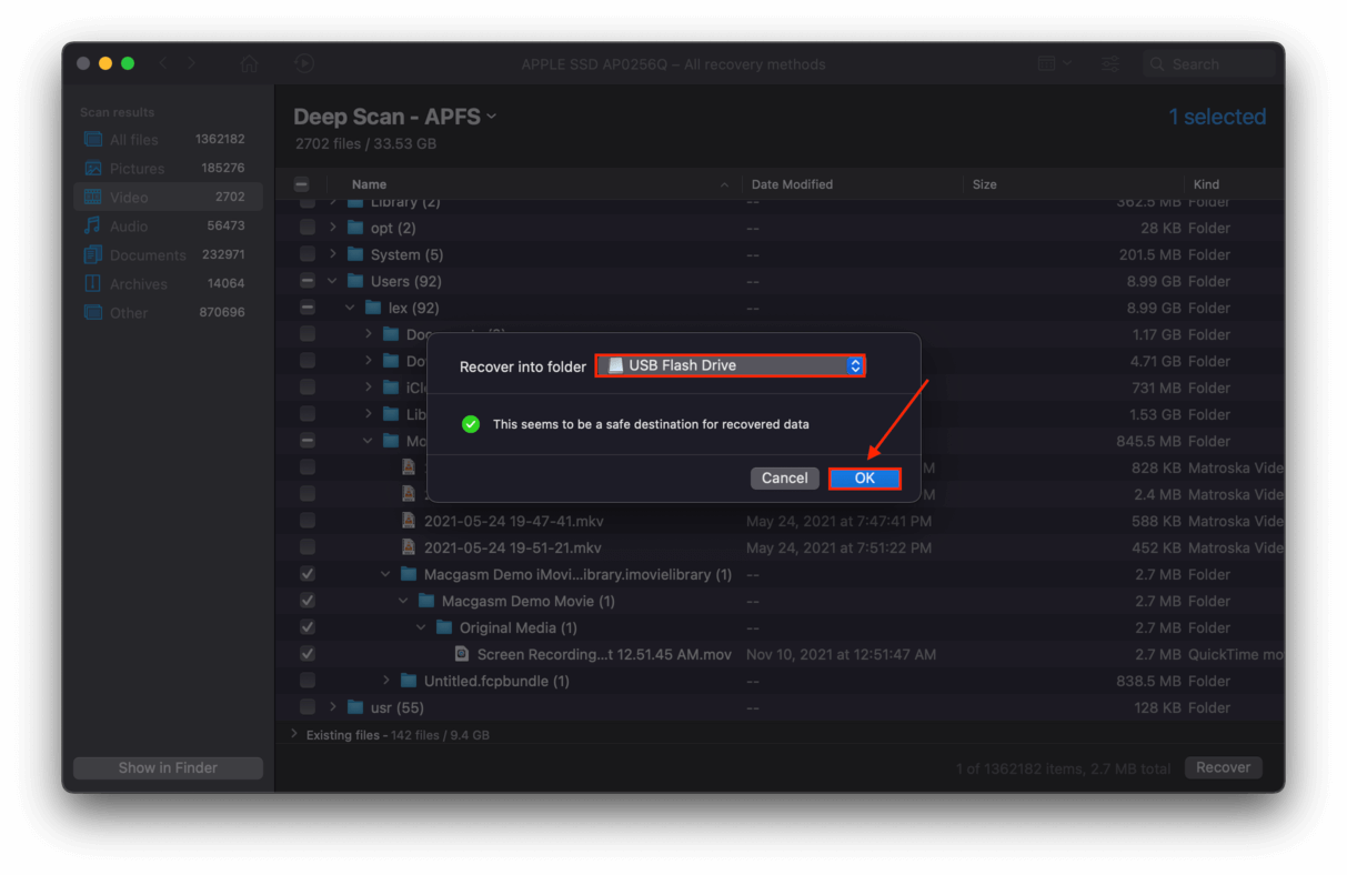Disk Drill destination selection dialogue box