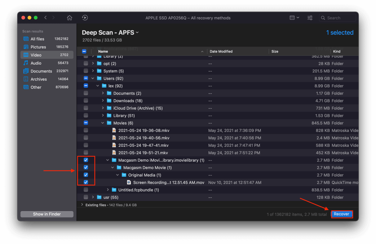 Disk Drill file selection screen