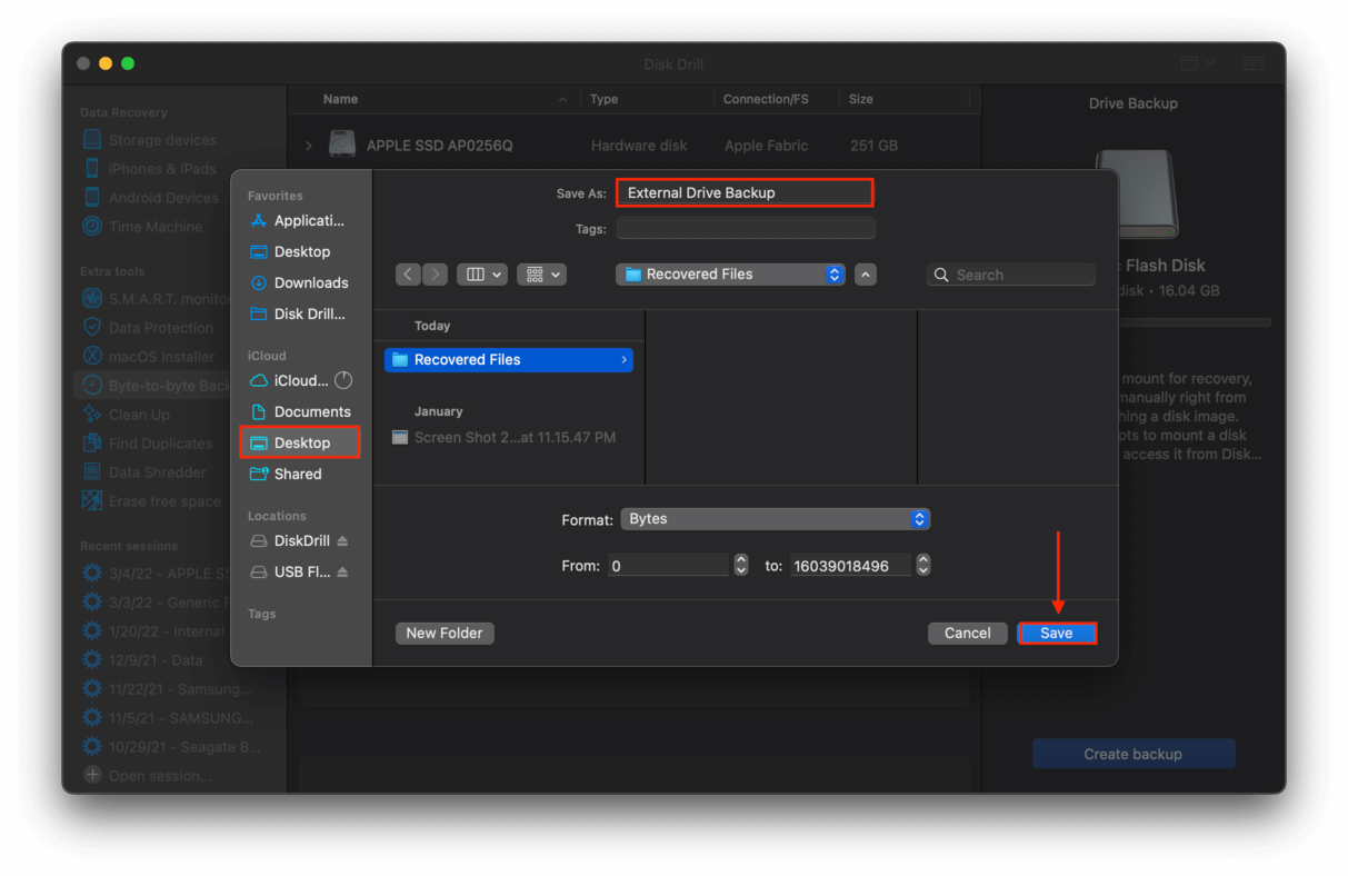 Disk Drill byte-to-byte backup save destination window