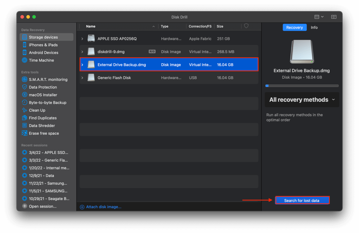 Disk Drill select backup image for scanning