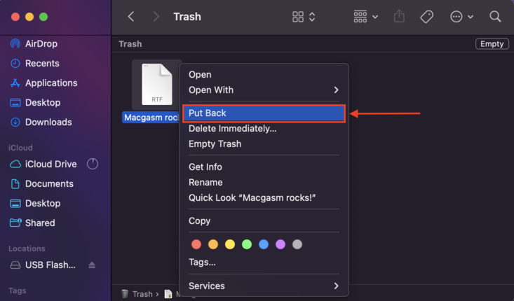 Right-click menu on a file in the external drive trash folder