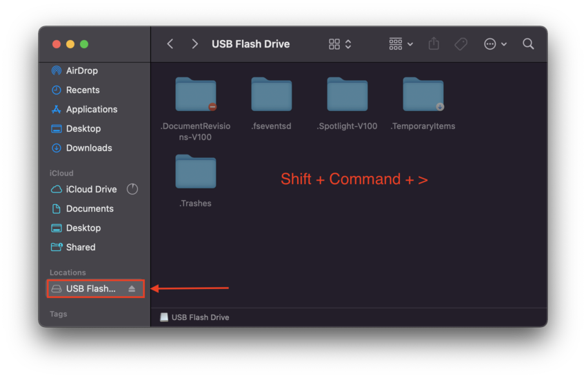Finder external drive folder showing hidden items
