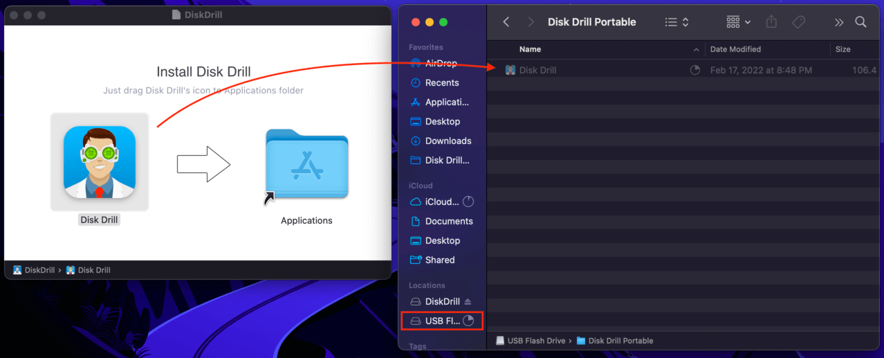 Drag Disk Drill icon from installer window to external drive