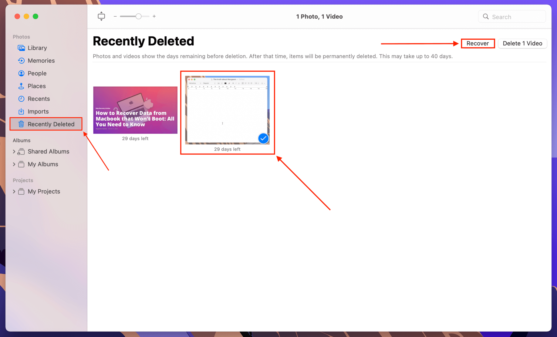 Recently Deleted album in the Photos app