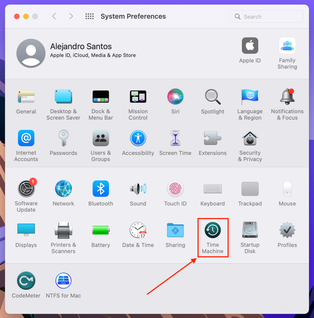Time Machine icon in the System Preferences window