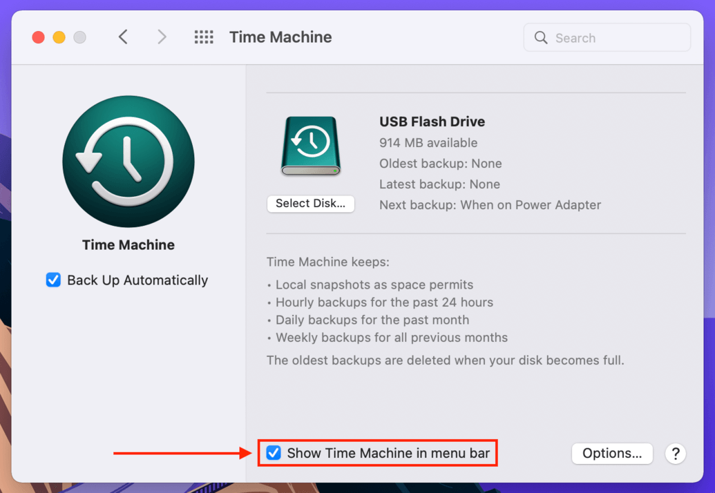 Enable Time Machine in menu bar setting
