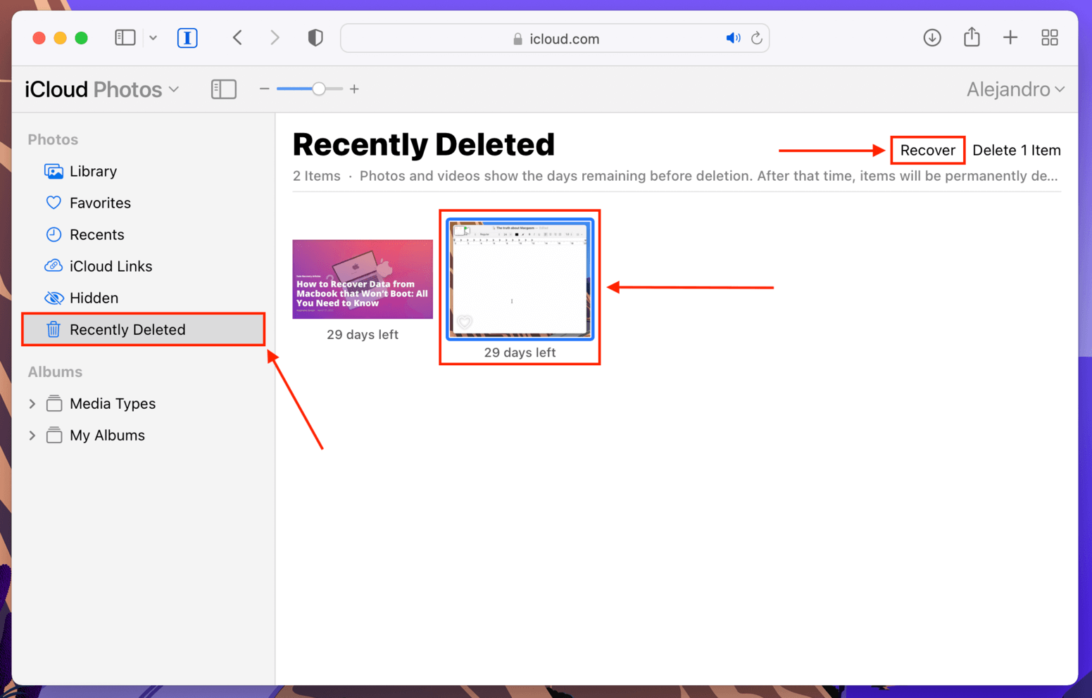 Recently Deleted album in the iCloud website