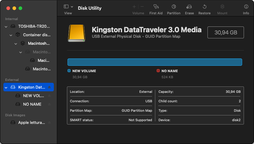 disk utility storage device selected