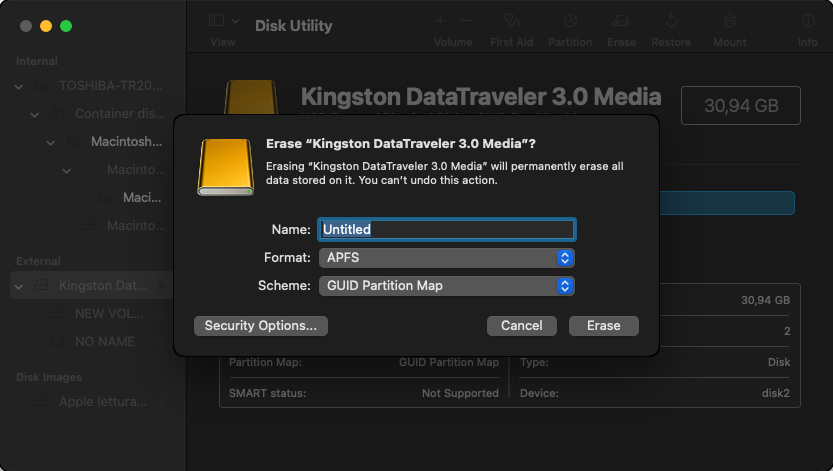 disk utility format screen