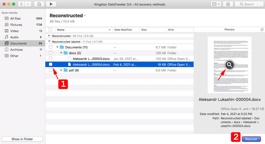 Recover chosen files