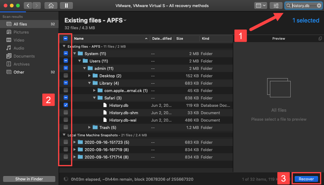 Find History.db file and recover