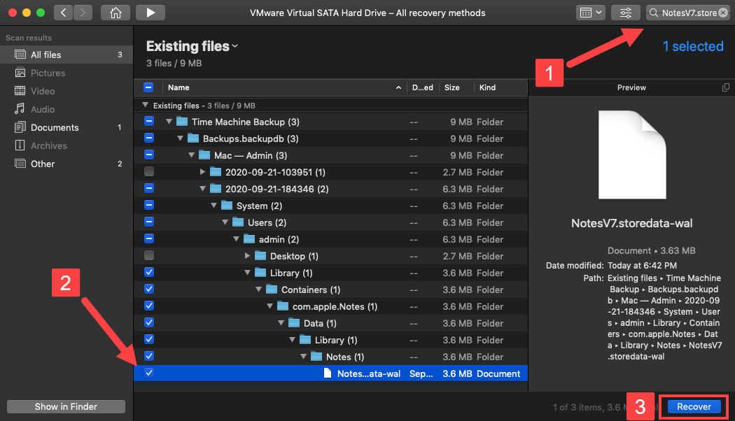 Search notes files and recover