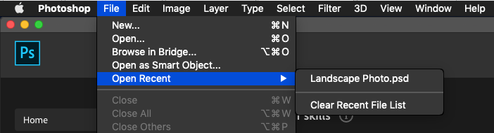 Open recent menu in photoshop