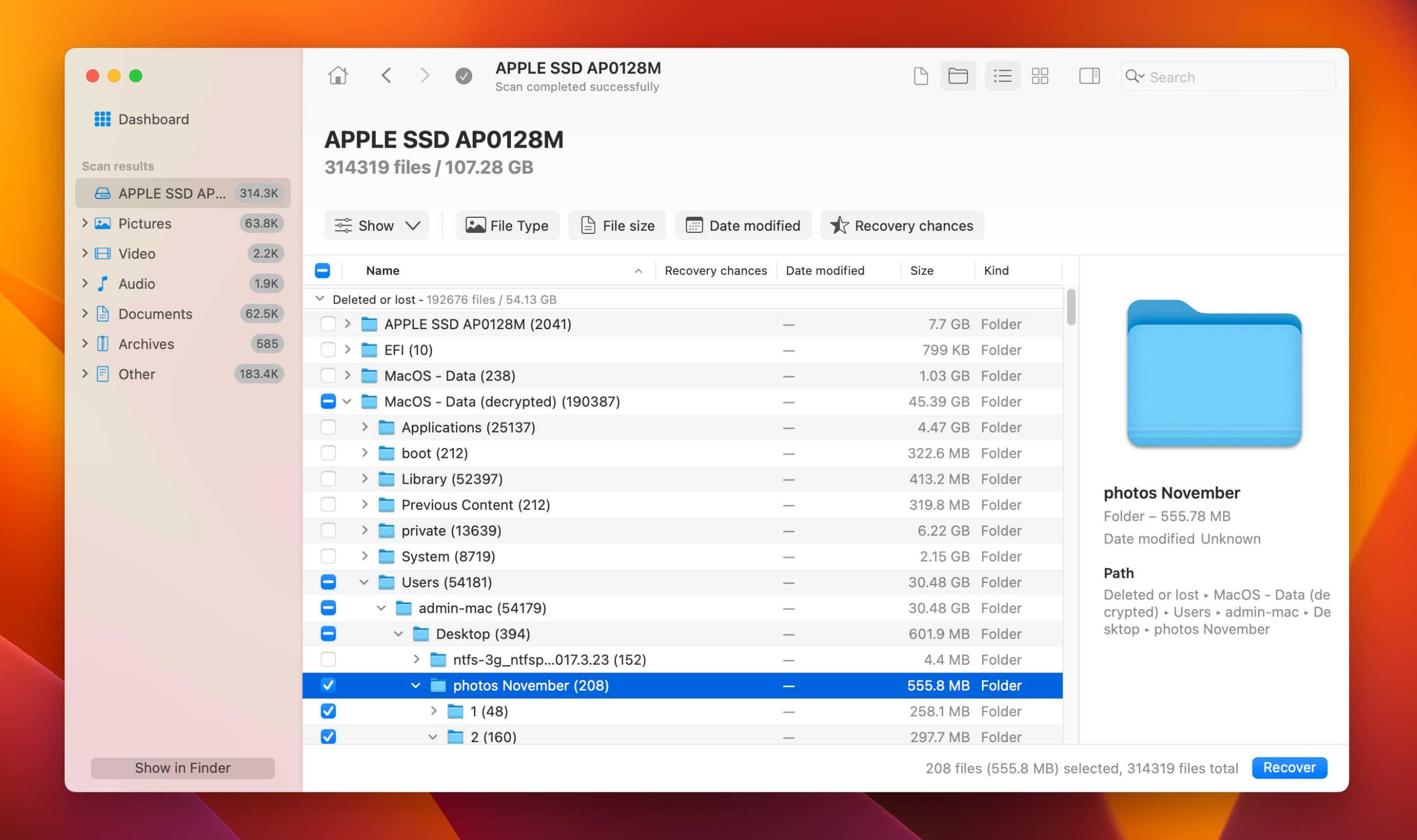 Select the files or folders for recovery