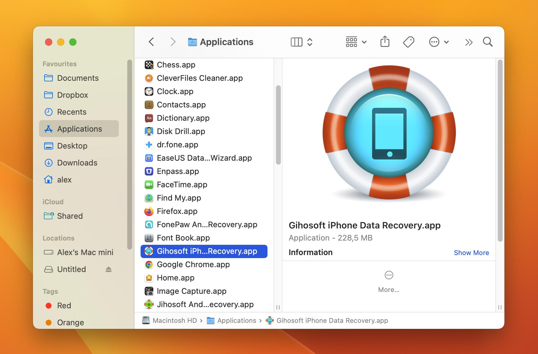 Gihosoft iPhone Data Recovery app in the Finder Applications folder