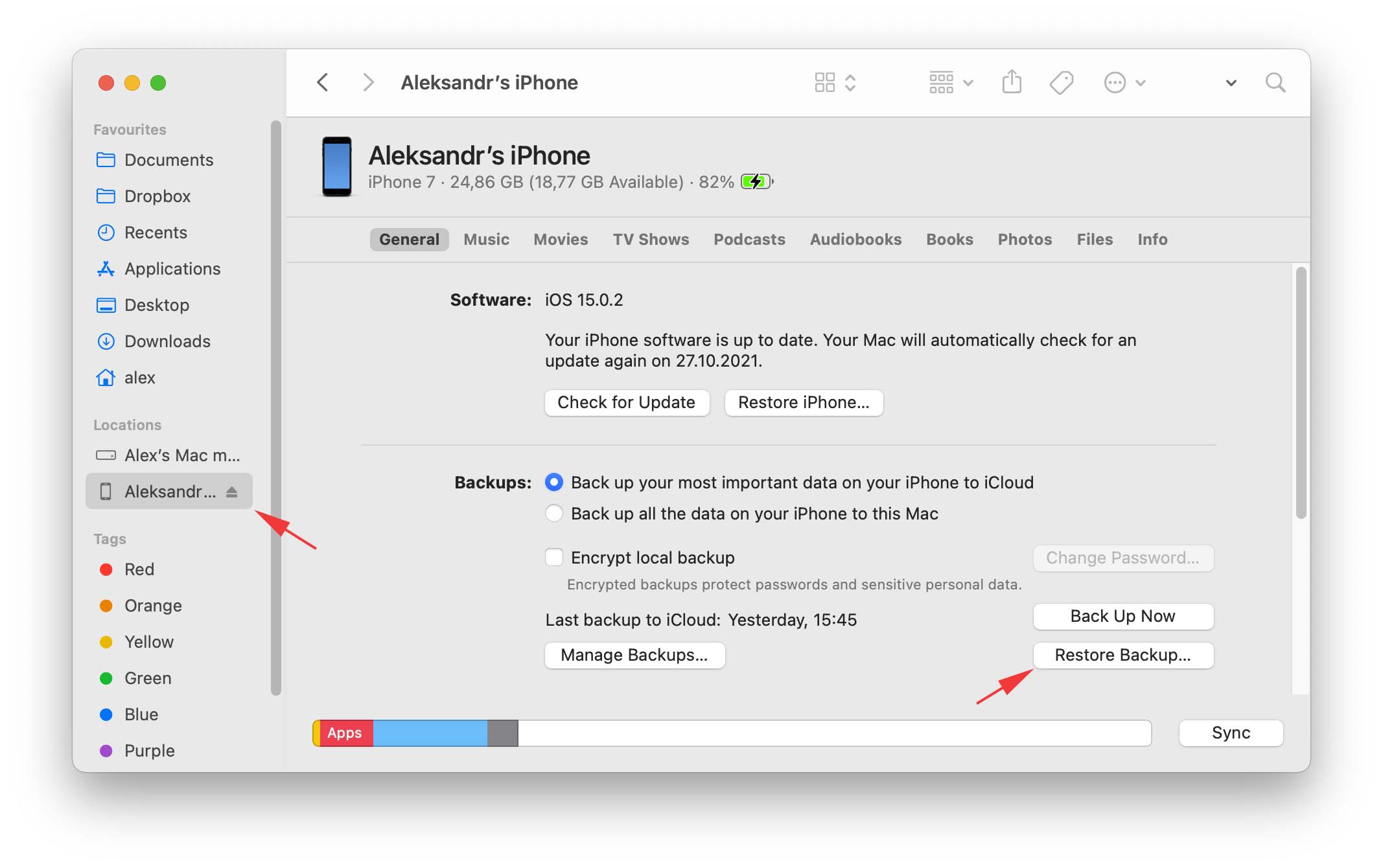 click the Restore Backup button