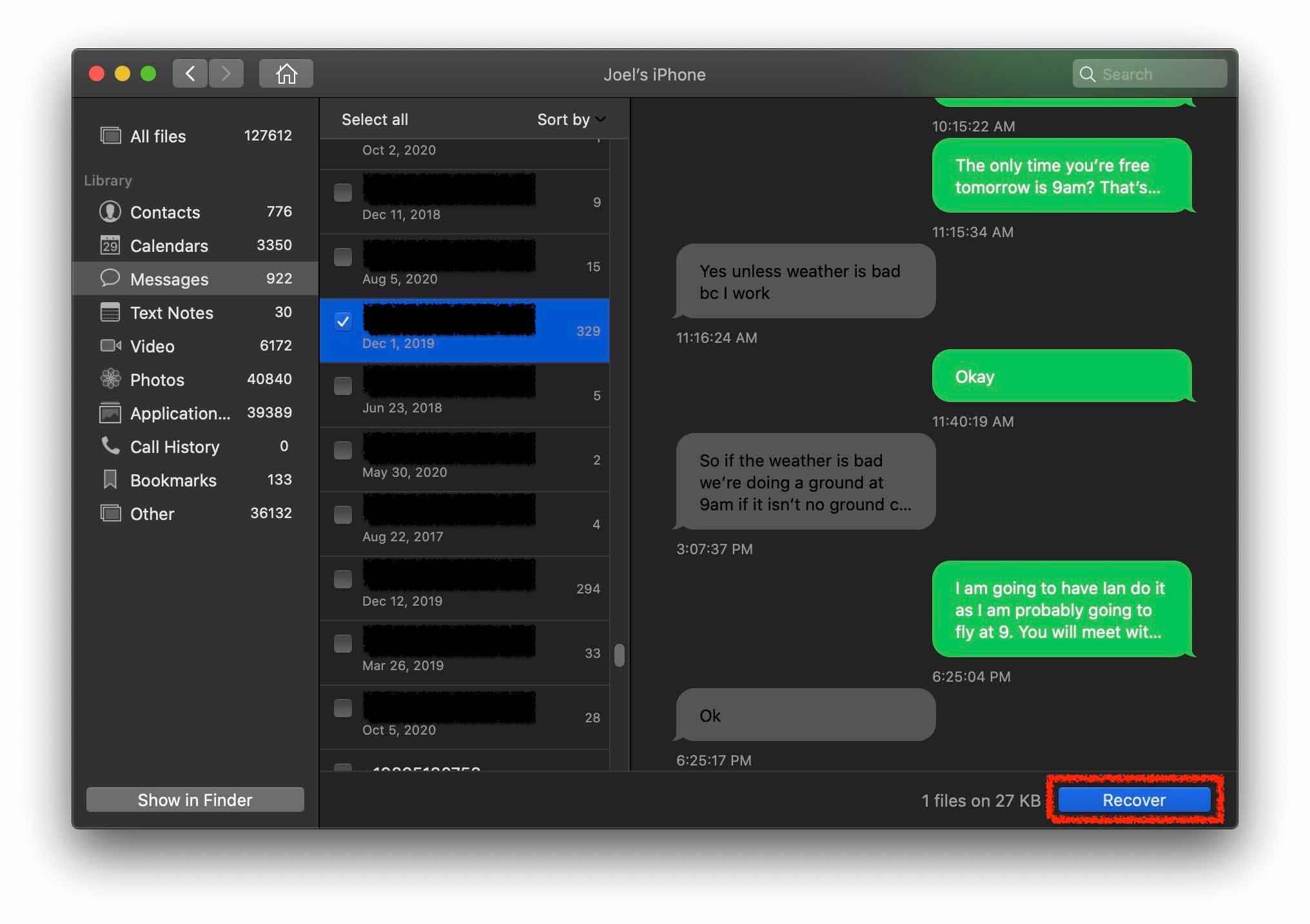 select messages and recover