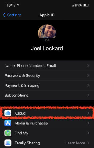 selecting icloud from within settings