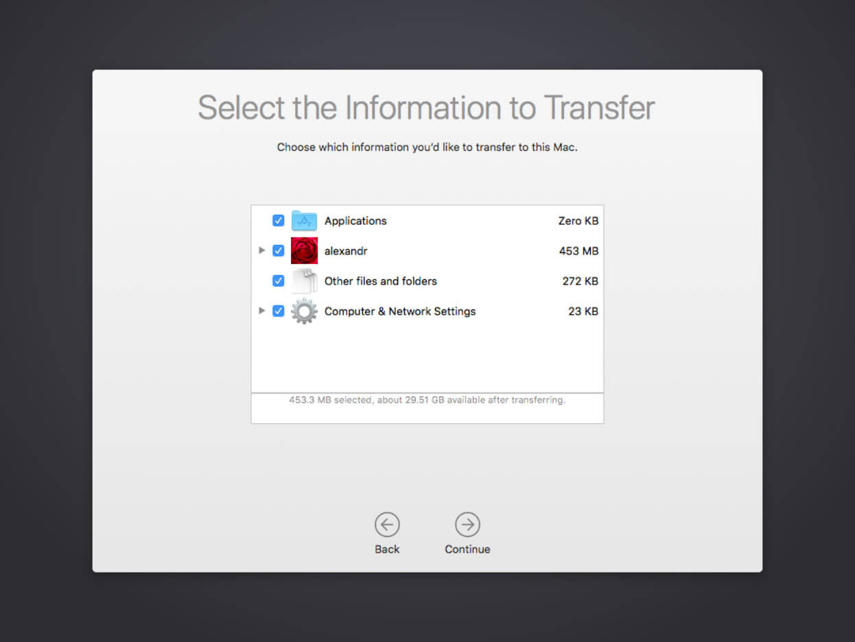 select information to transfer