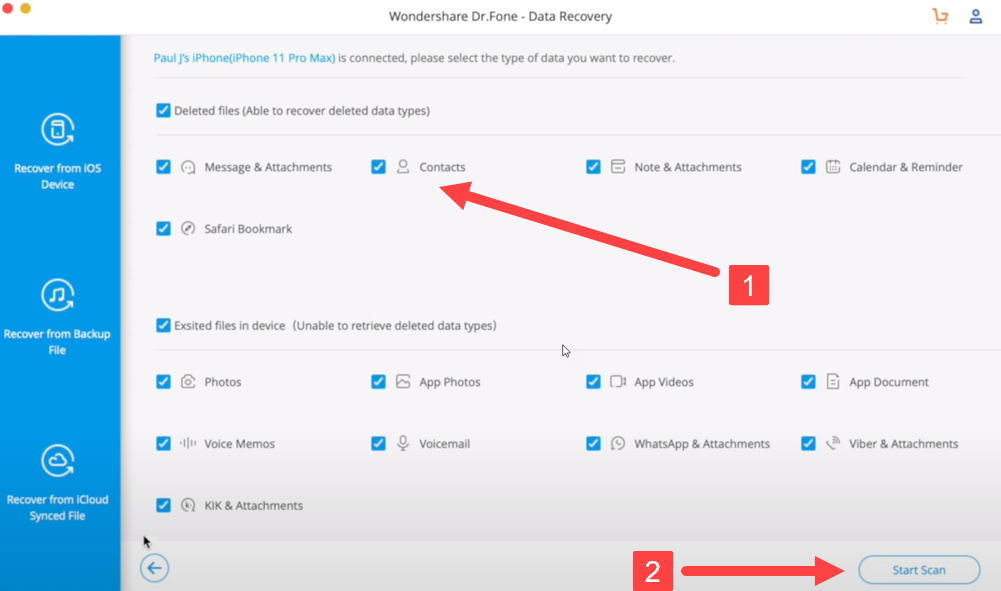 dr fone select contacts start scan