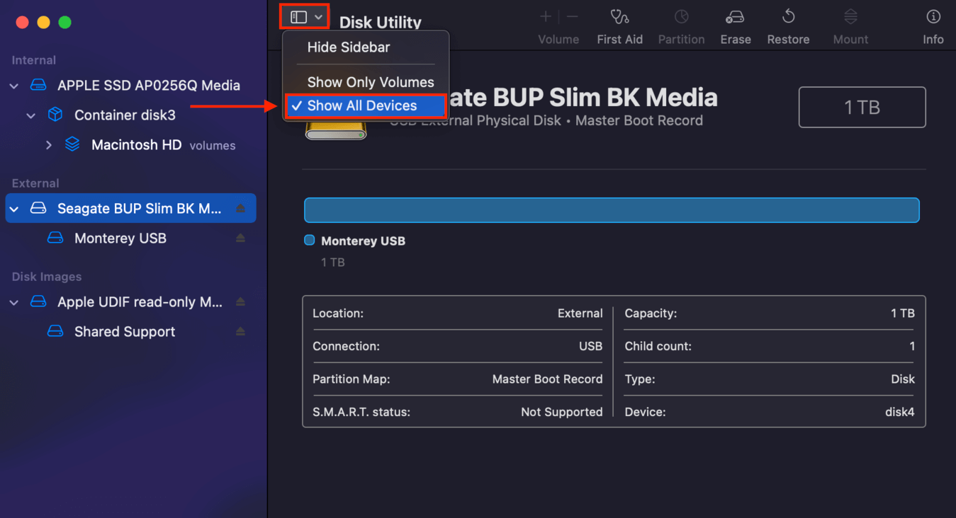 Disk Utility window with outlines highlighting the View Options button and the Show All Devices option