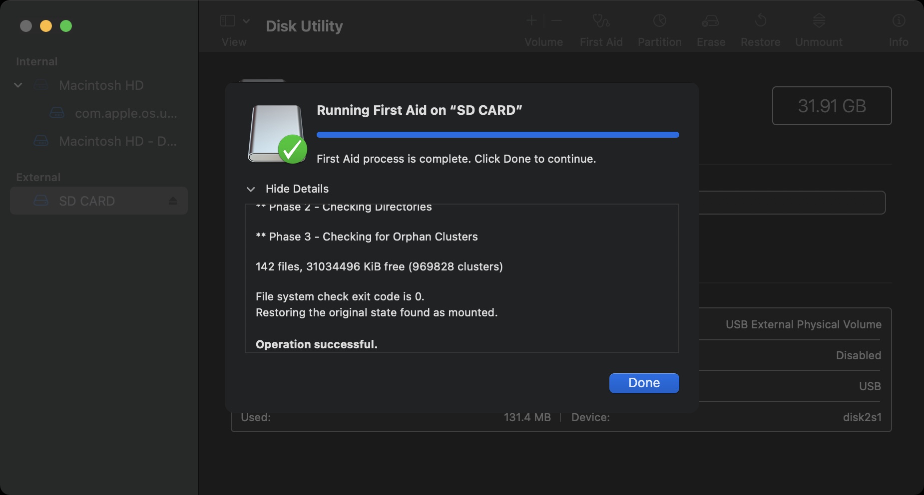 first aid success message in disk utility