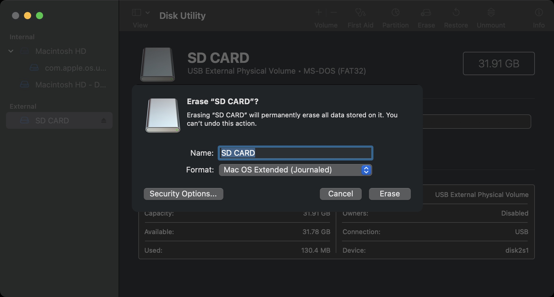 formatting sd card in disk utility