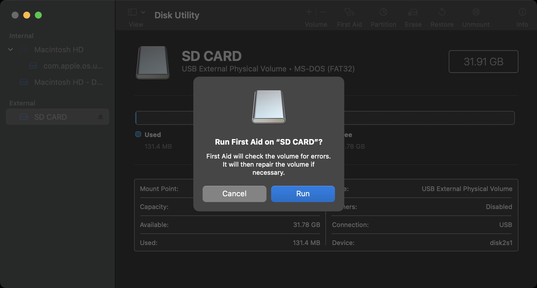 running first aid in disk utility
