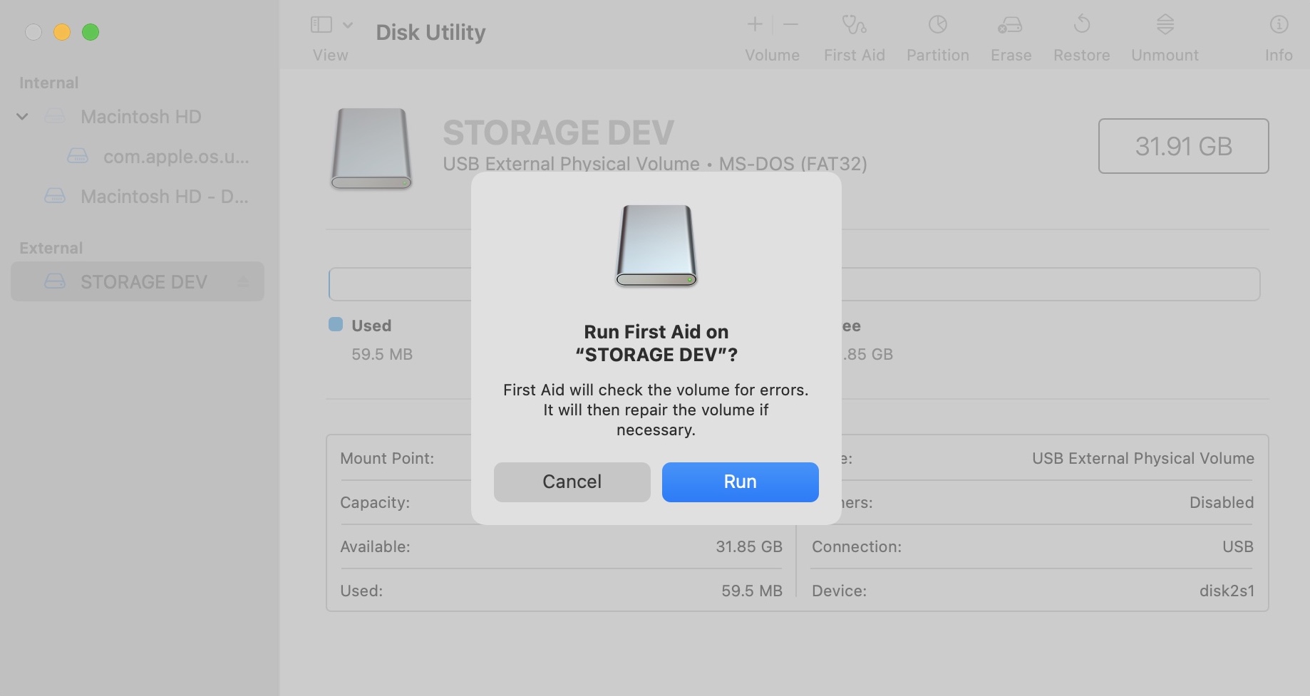 running first aid in disk utility