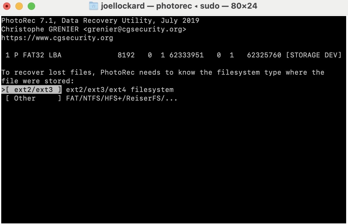 selecting file system type in photorec