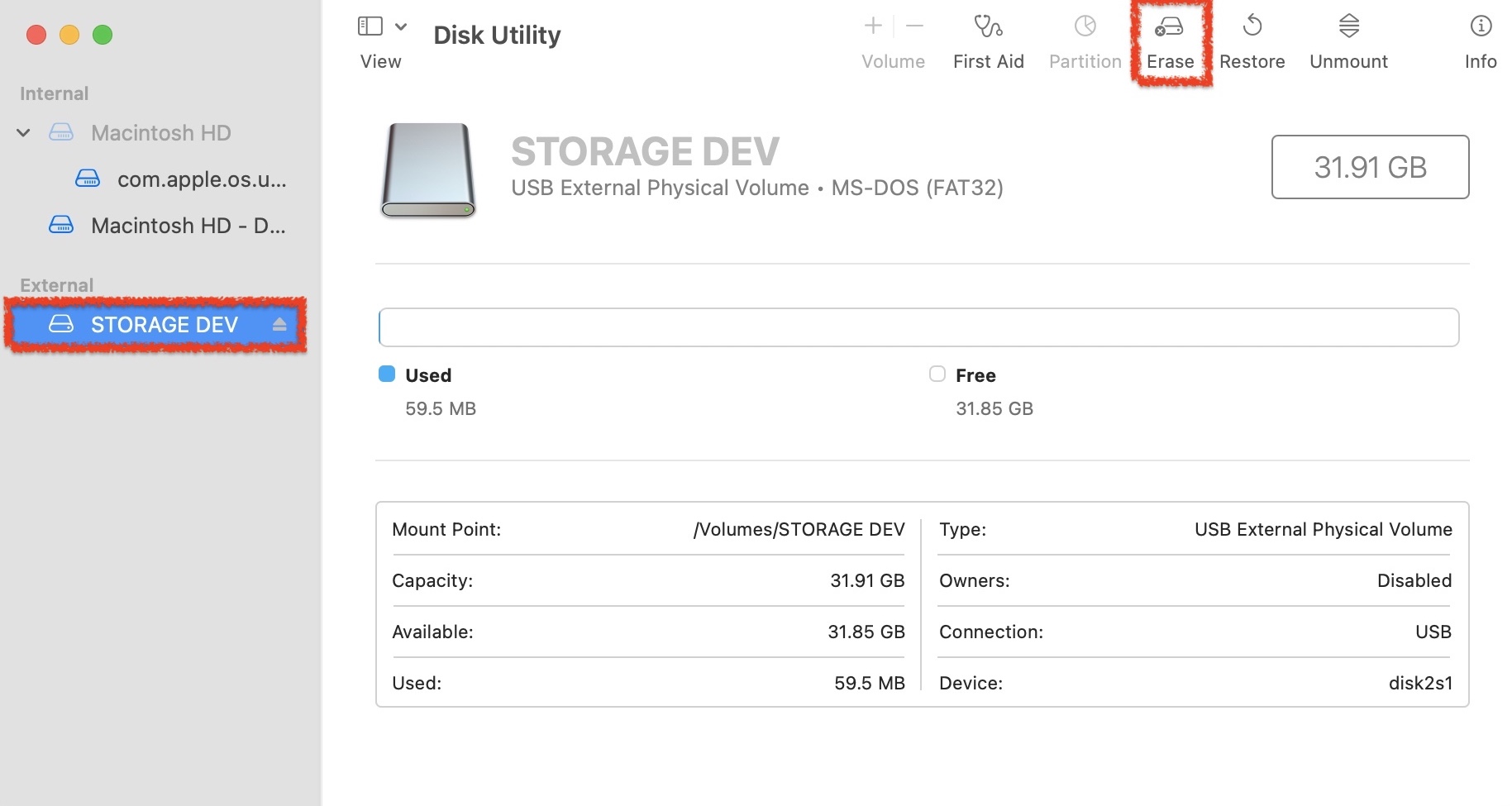 selecting storage device and erase in disk utility