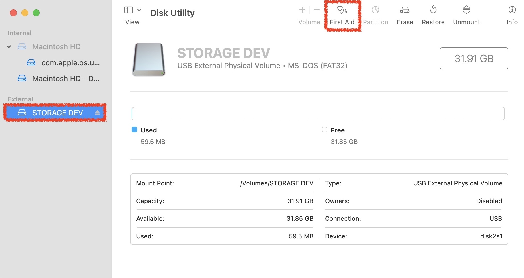 selecting storage device and first aid in disk utility