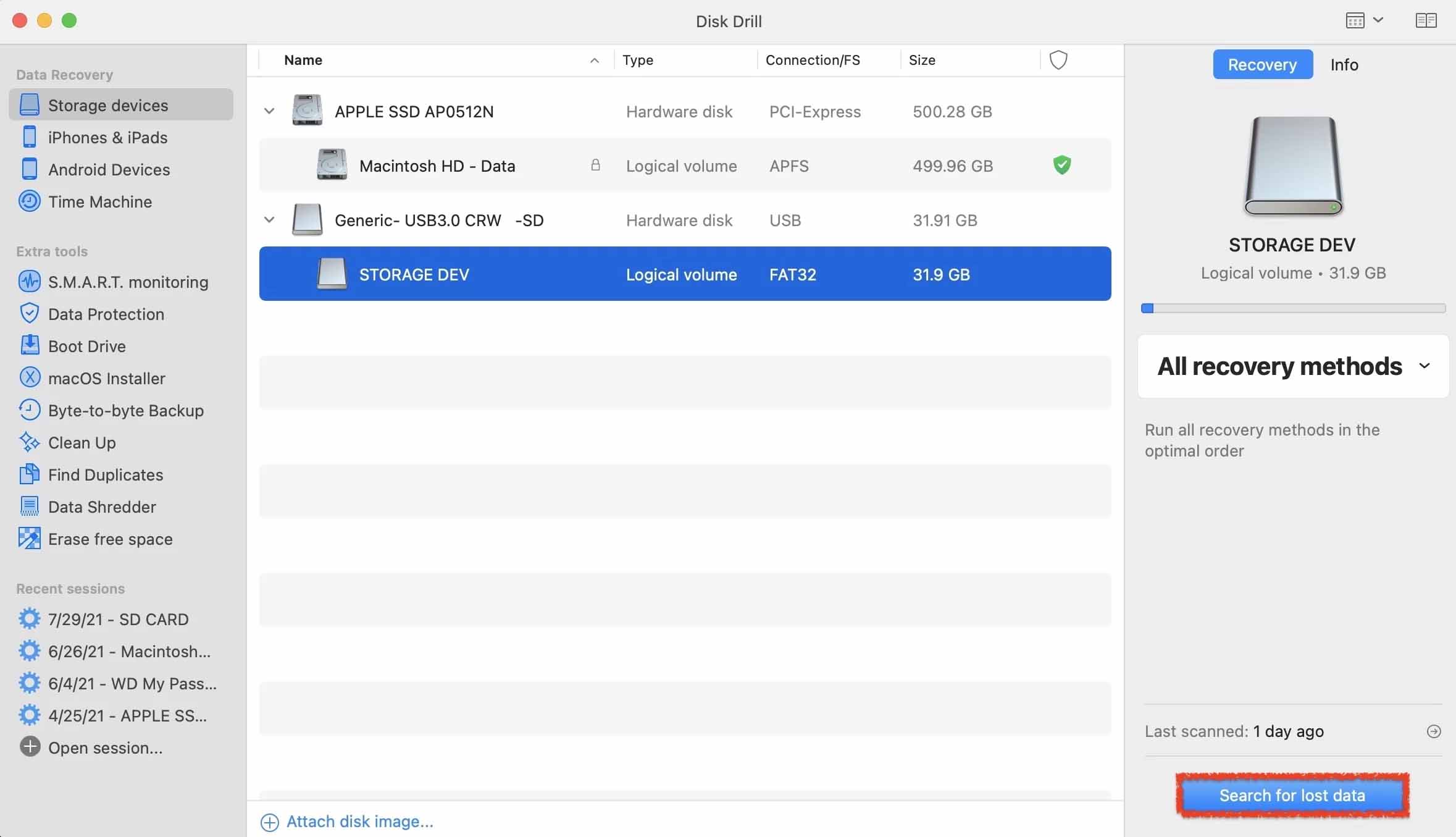 scanning storage device in disk drill