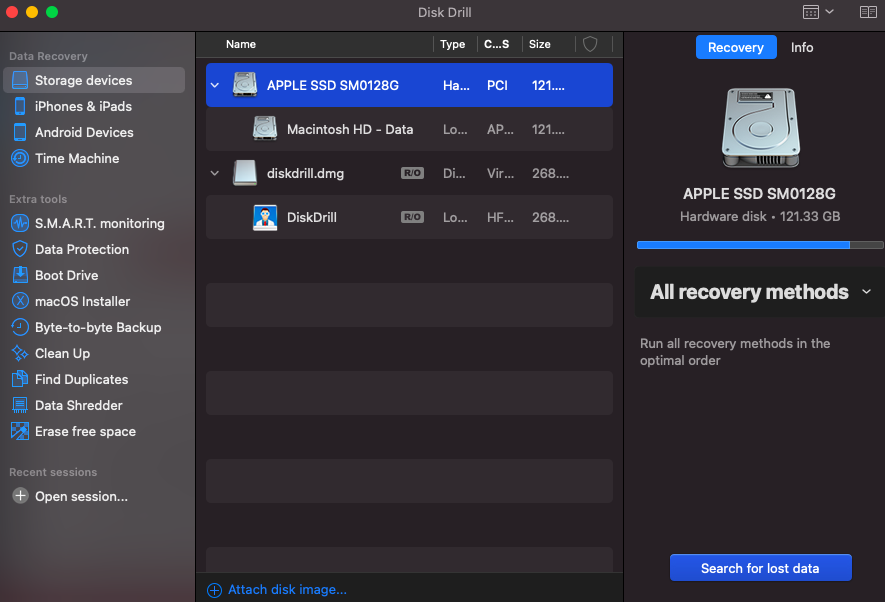 disk drill main recovery window