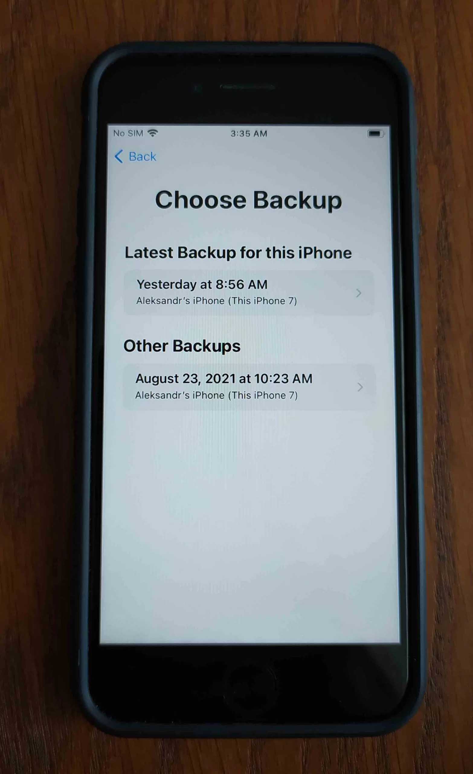 Select Choose Backup