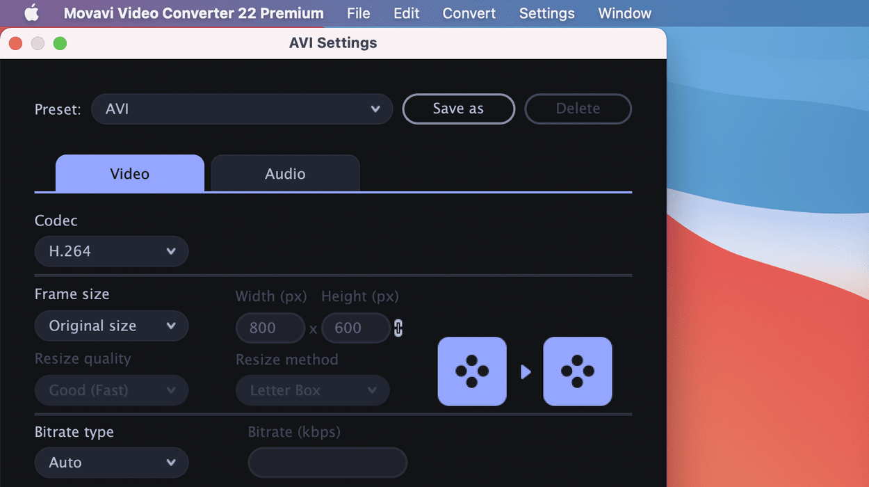 Convert AVI to any format using Movavi.