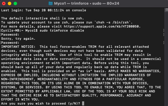 sudo trimforce disable