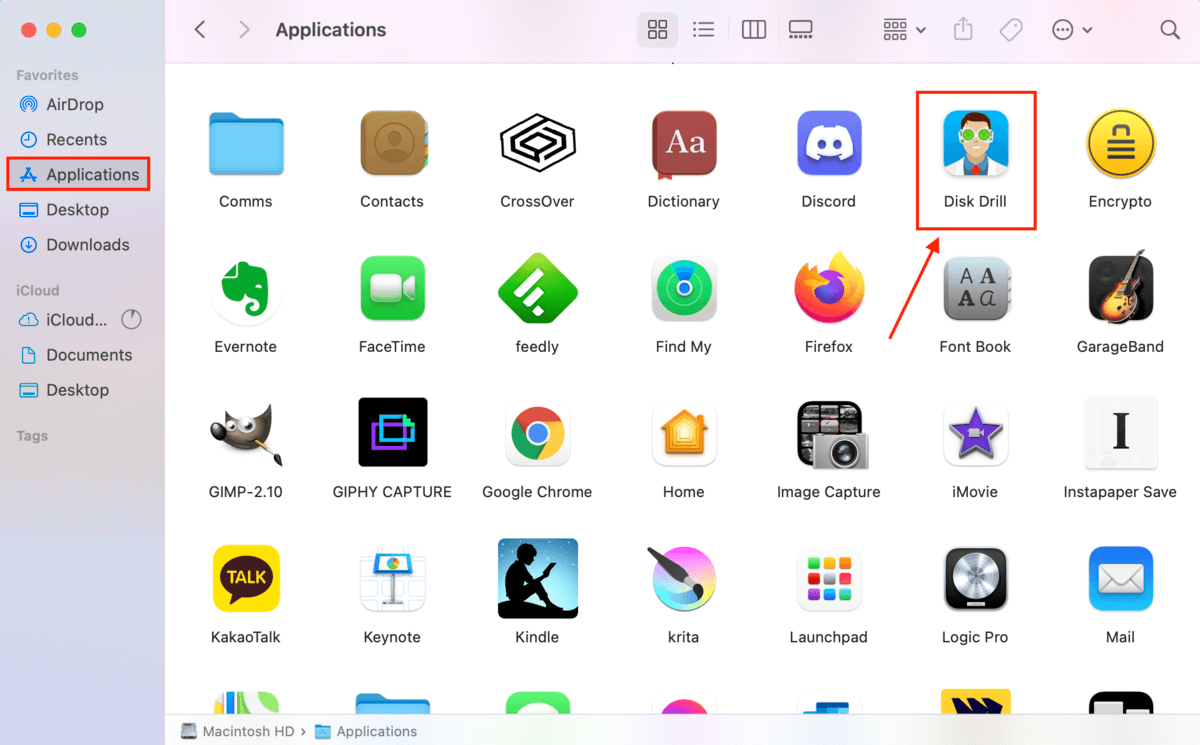 applications window with a pointer towards the disk drill app